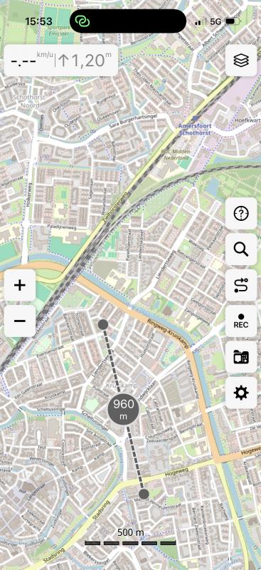 Screenshot vanuit Guru Maps van de kaart van Amersfoort met midden op de kaart een afstandslijn